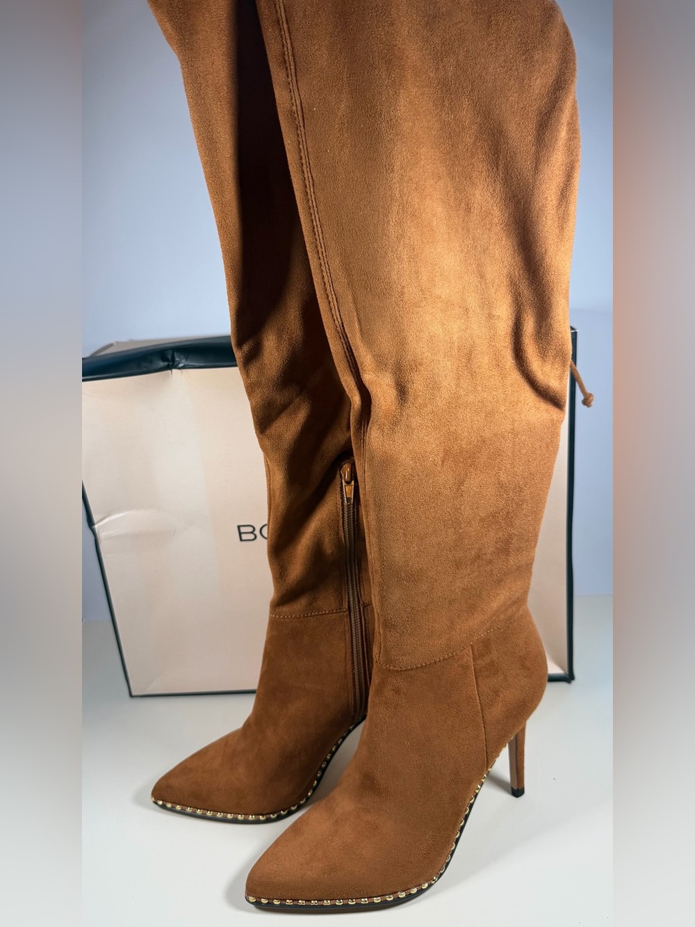 BCBGeneration Tan Suede Over-the-Knee Stiletto Boots